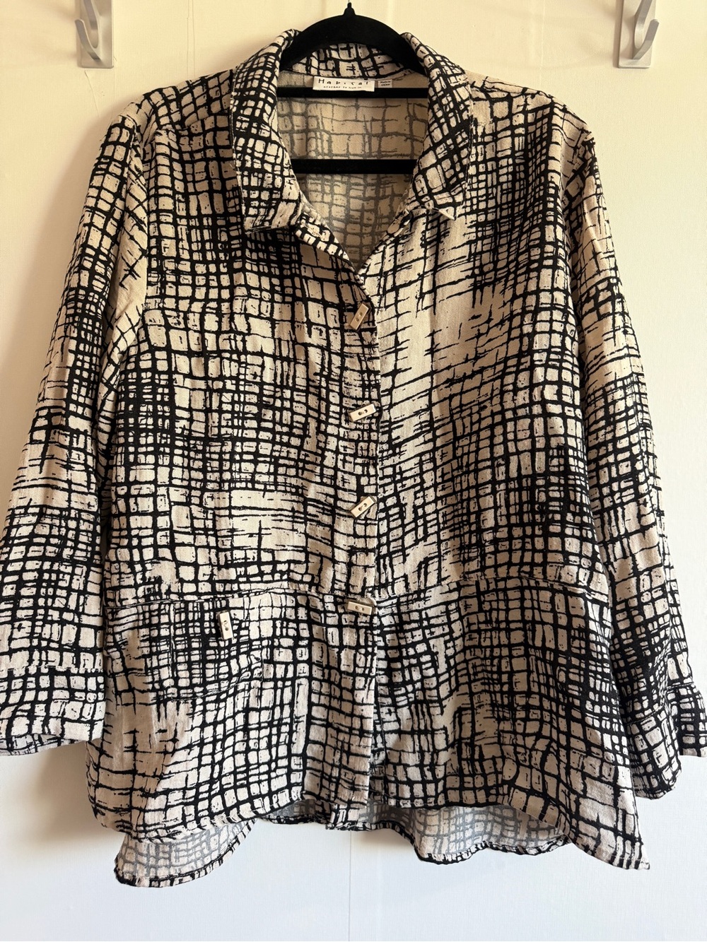 Habitat Black White Abstract Grid Print Button Front Tunic Shirt Size M